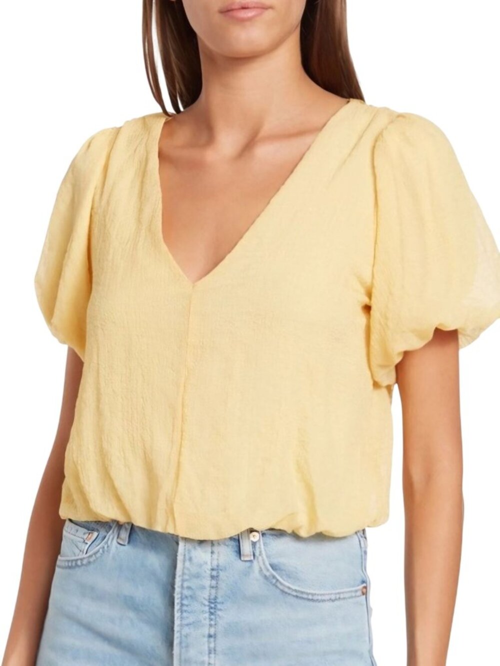 ASTR The Label Butter Yellow Puff Sleeve V-Neck Tie Back Blouse Size XL